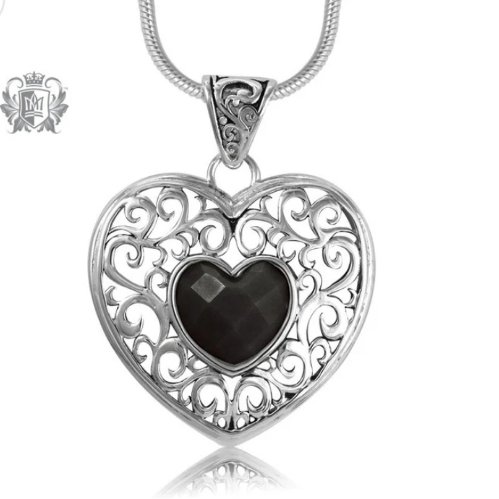 Panos K Design Sterling Silver Onyx Heart Scroll Necklace